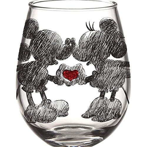 Silver Buffalo Disney Mickey and Minnie Classic Heart Glitter Stemless Wine