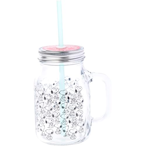 Silver Buffalo Peanuts Snoopy Glass Jar with Lid and Straw