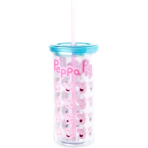 Silver Buffalo Peppa Pig Plastic Tall Cold Cup With Lid and Straw