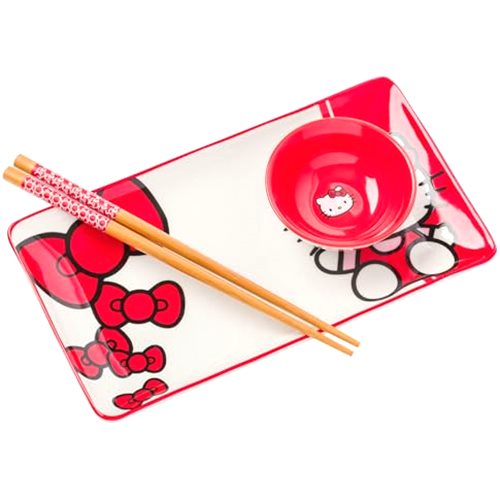 Silver Buffalo Sanrio Hello Kitty Red and White Bow Ceramic Sushi Set